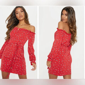 Pretty Little Thing Floral Red Ditsy Bardot Tie Waist dress Size 8